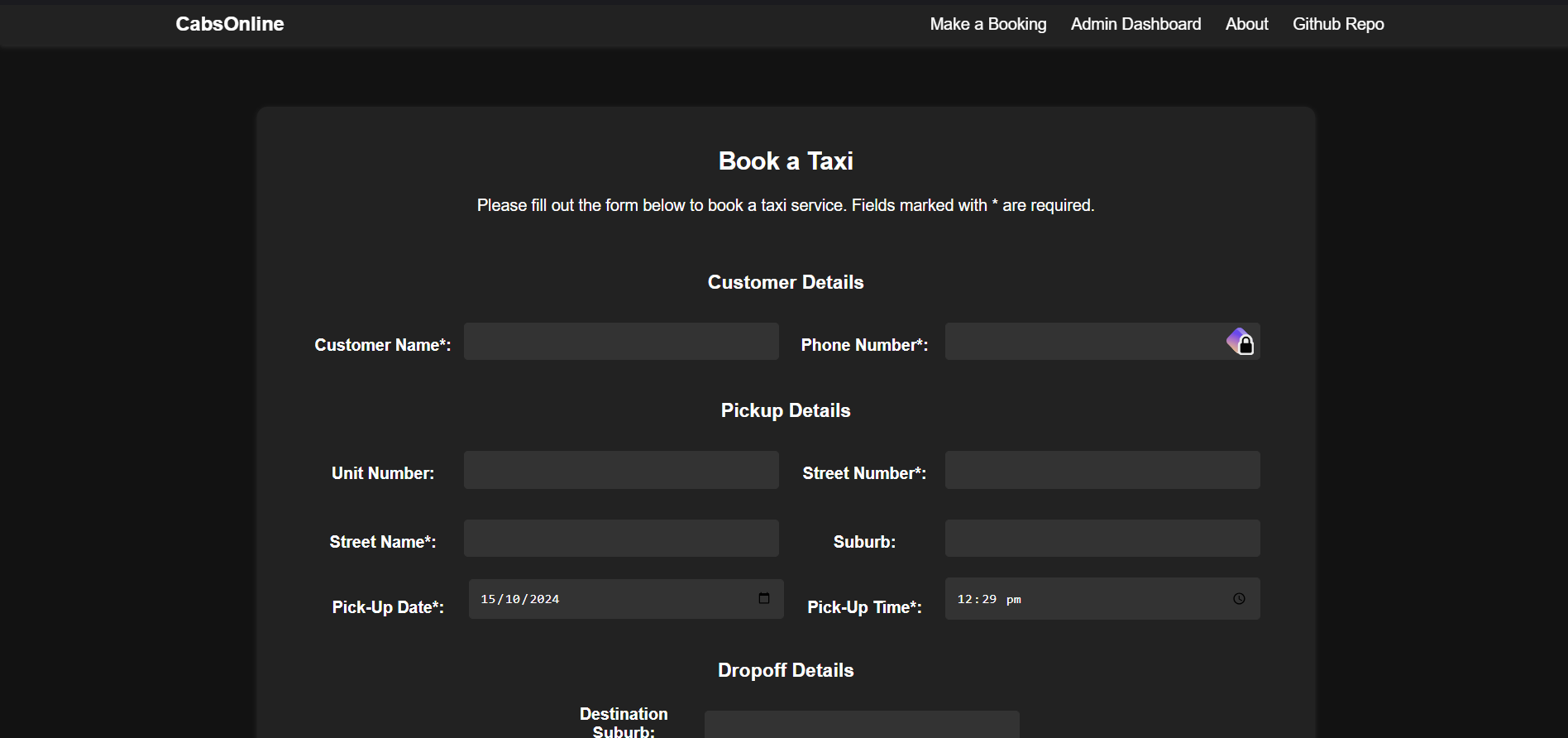 Taxi Booking System Website Screenshot
